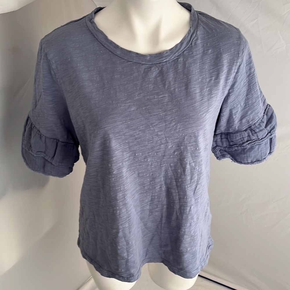 Dylan blue v-neck sleeve ruffle sleeve slubbed cotton t-shirt